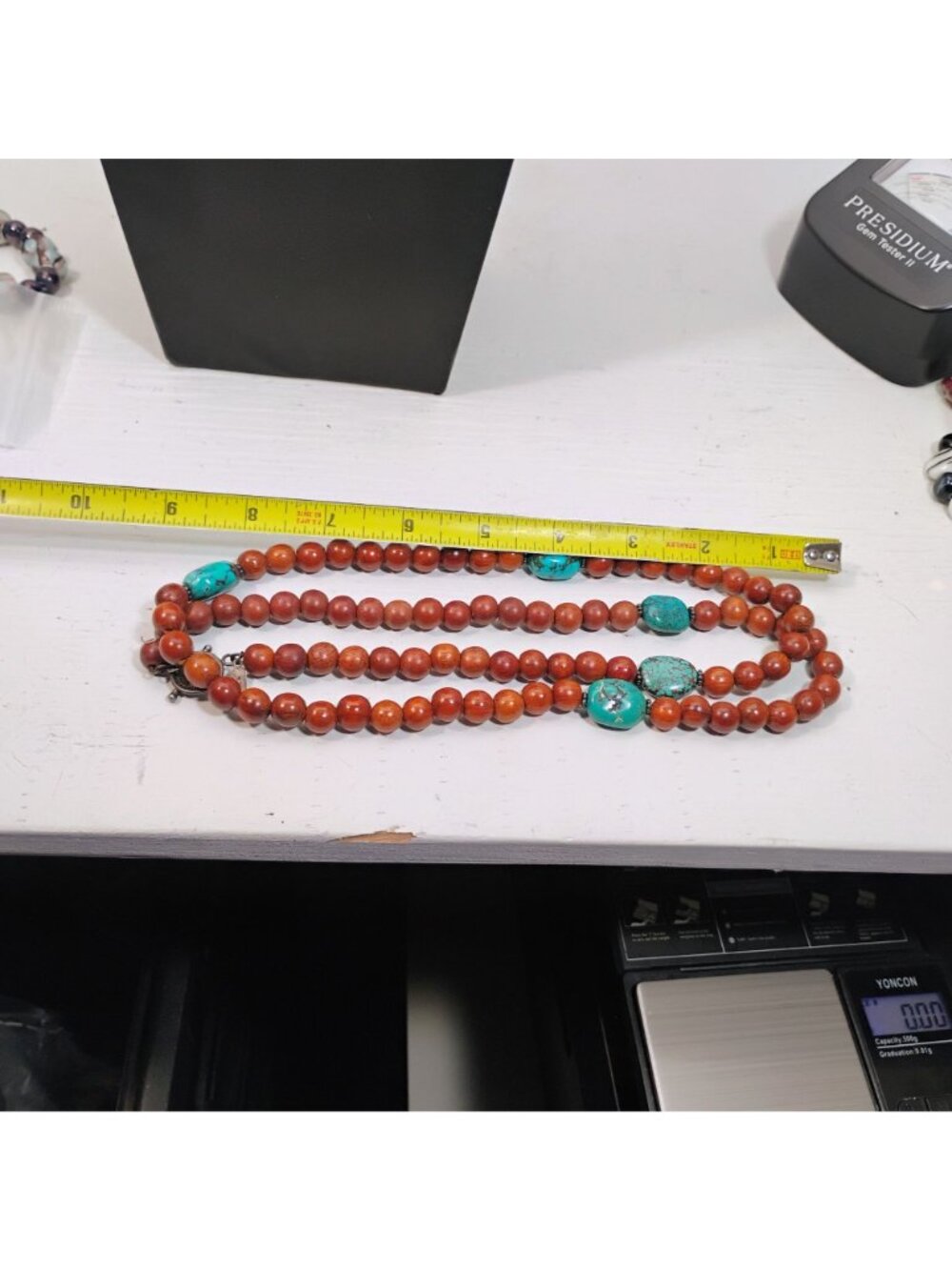 Signed Peyote Bird Designs Turquoise Nugget & Wood Bead Extra Long Necklace 36" - Picture 6 of 10